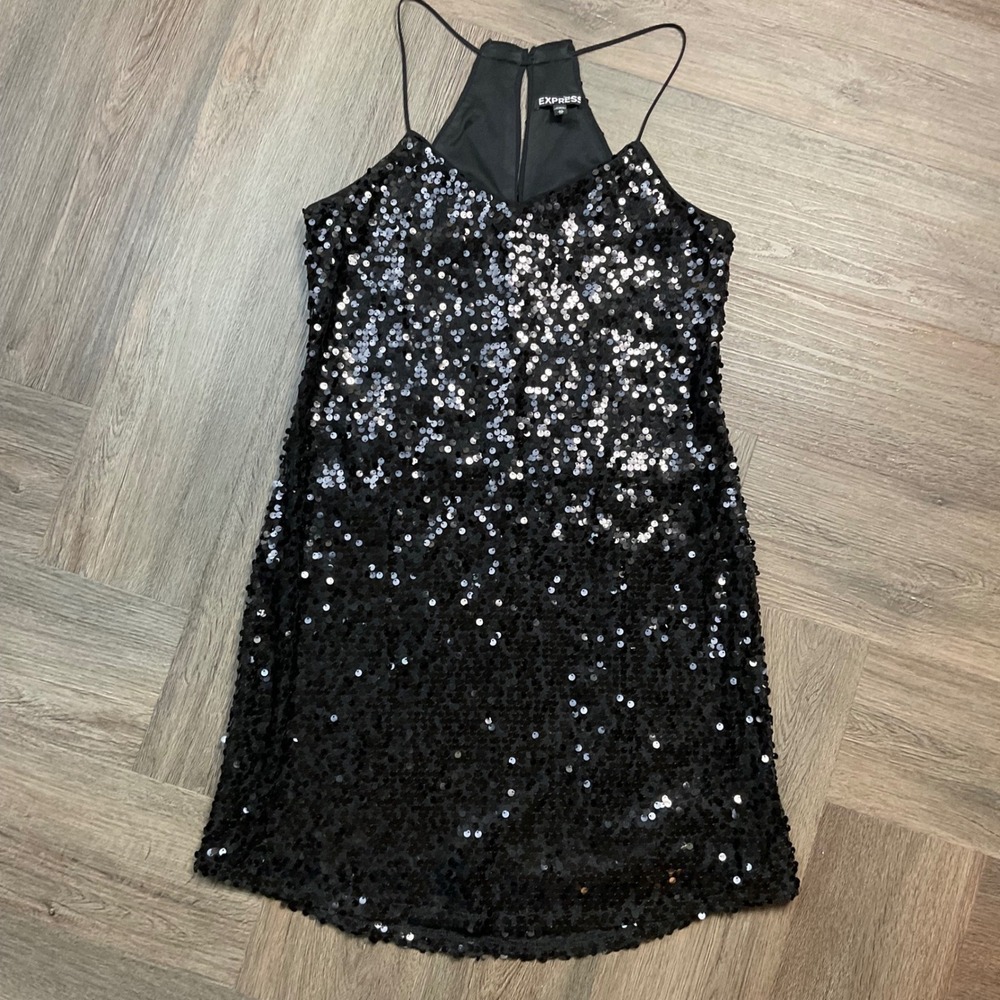 Express Sequin Mini Shift Dress Womens XS Black Party Cocktail Holiday‎ Classy